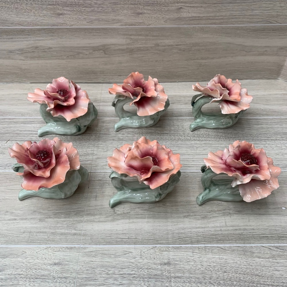 Vintage Fine Bone China Pink Rose Napkin Rings Set of 6 Floral Table Decor